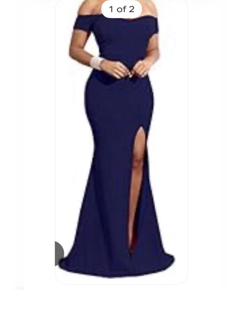 Off-Shoulder Navy Blue Evening Gown with Front Slit